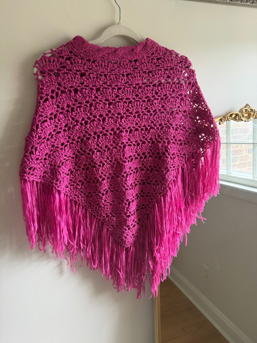 Bright Pink Crochet Fringe Poncho - Women Accessories
